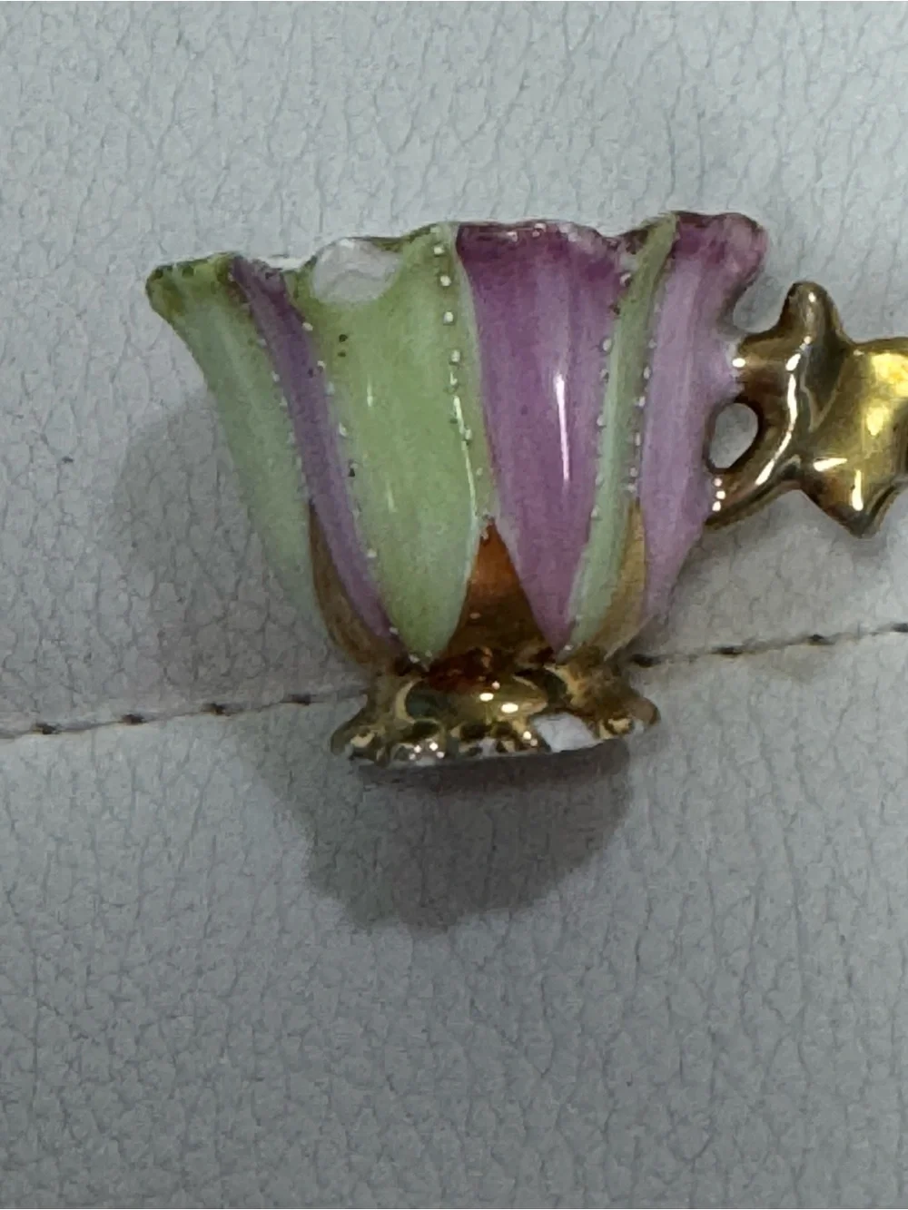 Vintage Miniature Porcelain Teacup Pink and Green Hand Painted with Gold Trim